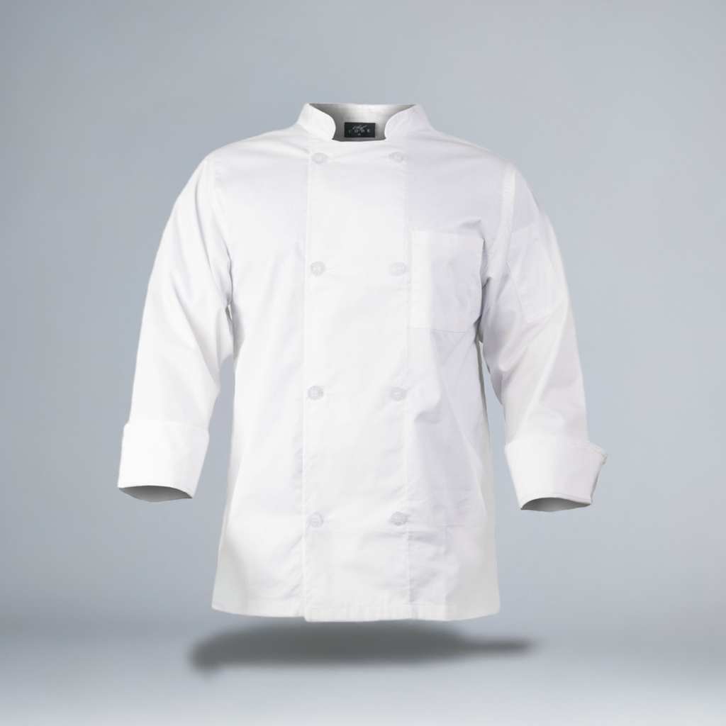 chef coat in classic white color with long sleeves, double breasted design with 8 buttons, chest pocket and thermometer pocket
