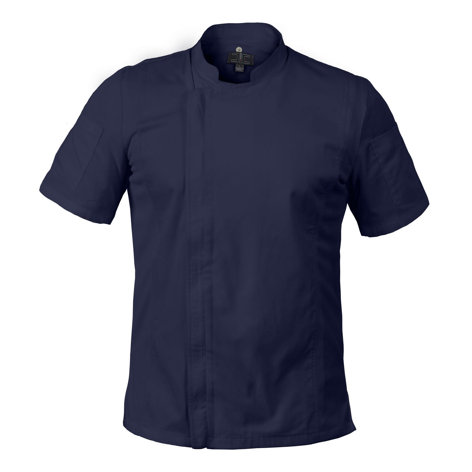 chef coat in navy color with zipper front and mesh vent sides and short sleeves. Left sleeve thermometer pocket and right sleeve cell phone/notebook pocket