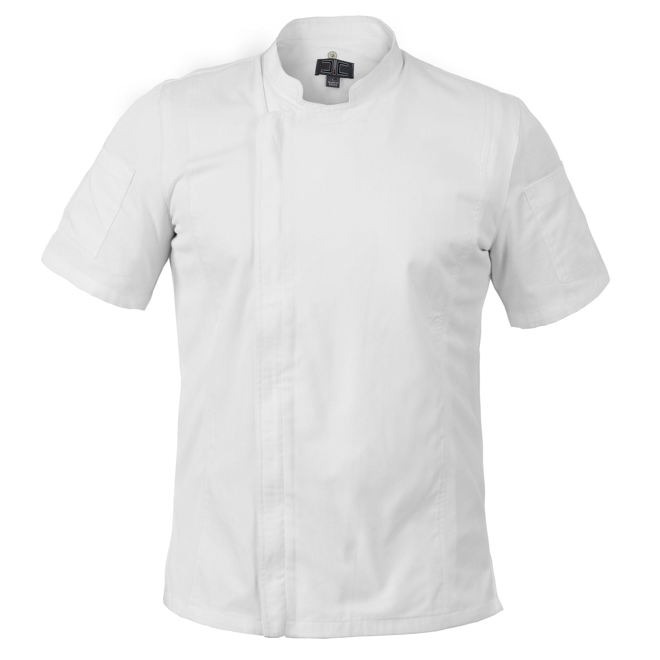 White chef coat with zipper front and pockets on both sleeves