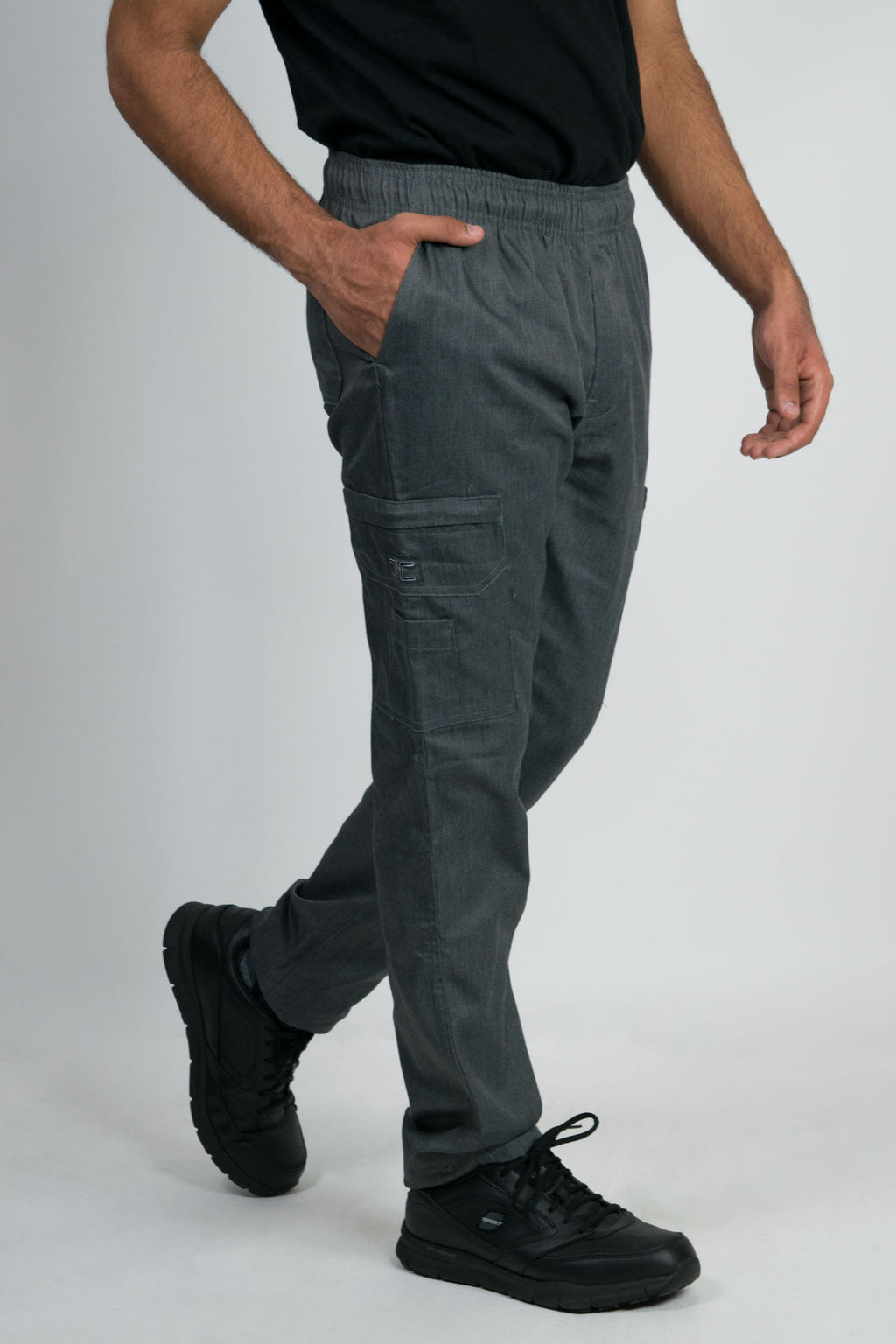 Modern Slim Fit Tactical Inspired Chef Pants with Elastic Waist, Zipper Fly and Cargo Pockets
