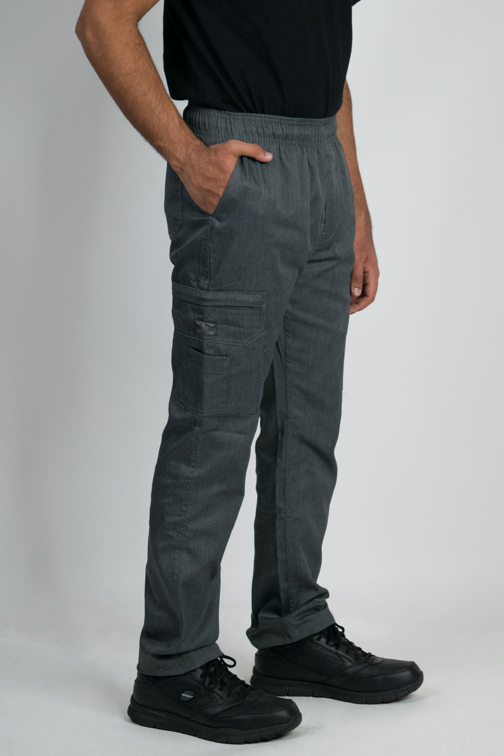 Modern Slim Fit Tactical Inspired Chef Pants with Elastic Waist, Zipper Fly and Cargo Pockets