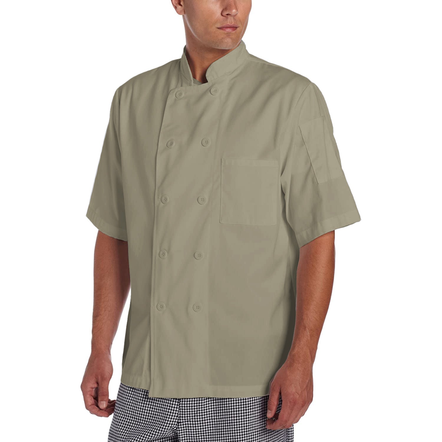 A man wearing a classic chef coat sand color with short sleeves, pearl buttons and patch pockets on chest and left arm