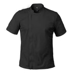 Modern fit chef coat in color white with zipper front and mesh vent sides and short sleeves. Left sleeve thermometer pocket and right sleeve cell phone/notebook pocket 
